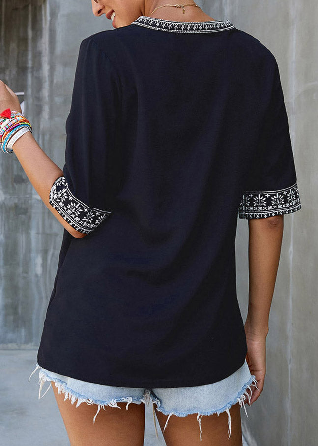 Short Patchwork Top Boutique Neck Sleeve V Black