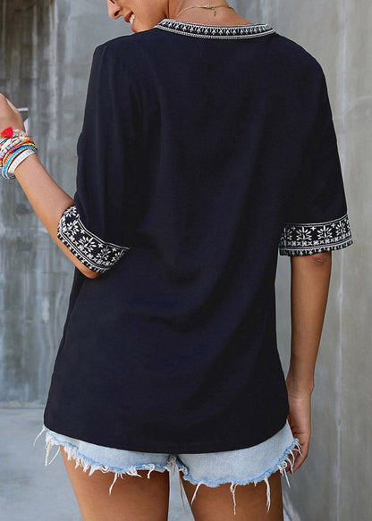 Short Patchwork Top Boutique Neck Sleeve V Black