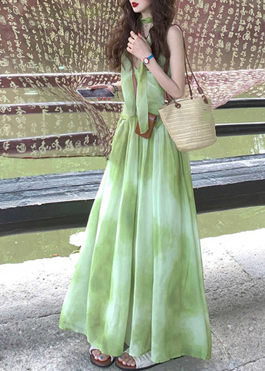 Chiffon V Neck Boutique Maxi Tie Sleeveless Green Dye Vacation Dresses
