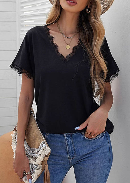 T Shirt Black Casual Patchwork Sleeve Short Lace Solid