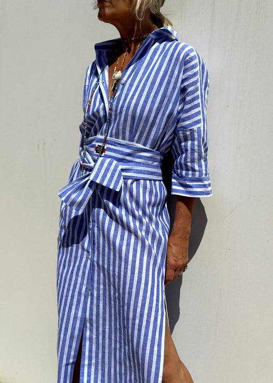 Side Shirts Casual Sleeve Dress Open Striped Patchwork Long Bracelet Blue