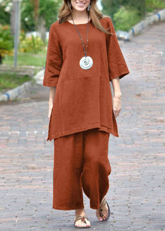 SampleCasual Caramel O-Neck Side Open Top And Crop Pants Two Pieces Set Bracelet Sleeve