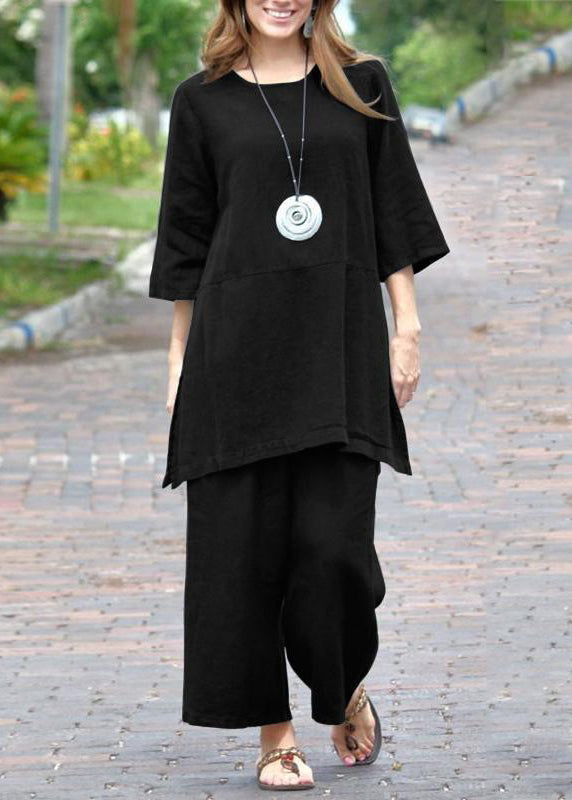 SampleCasual Caramel O-Neck Side Open Top And Crop Pants Two Pieces Set Bracelet Sleeve
