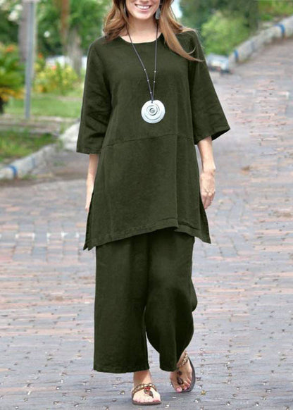 SampleCasual Caramel O-Neck Side Open Top And Crop Pants Two Pieces Set Bracelet Sleeve