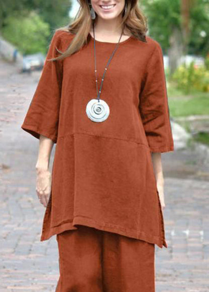 SampleCasual Caramel O-Neck Side Open Top And Crop Pants Two Pieces Set Bracelet Sleeve