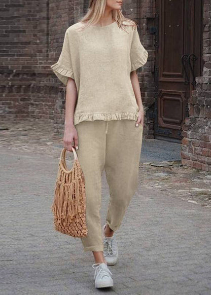 SampleCasual Khaki Ruffled Patchwork Top And Crop Pants Two Pieces Set Short Sleeve
