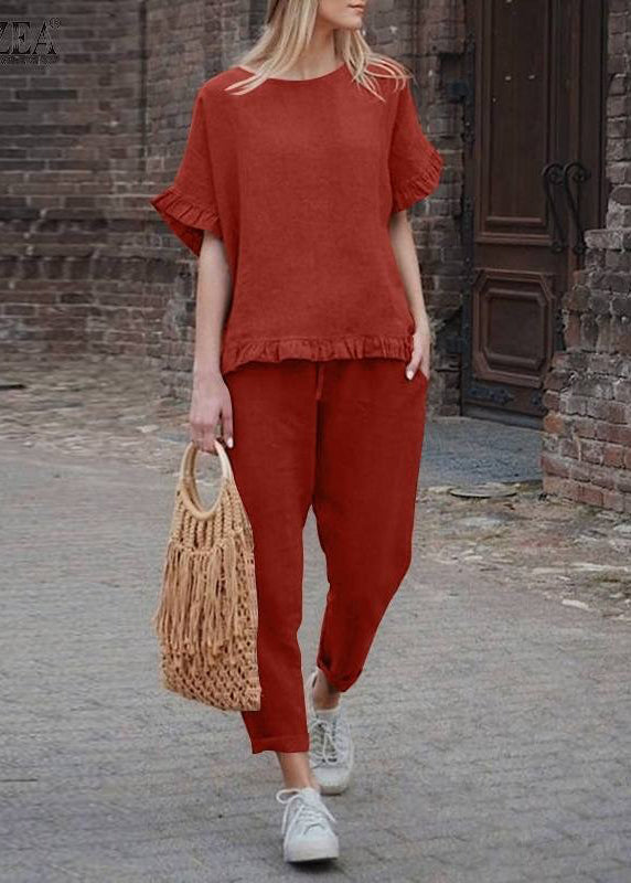SampleCasual Khaki Ruffled Patchwork Top And Crop Pants Two Pieces Set Short Sleeve