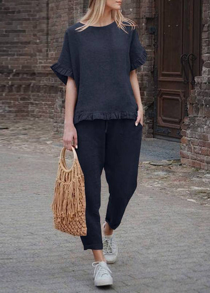 SampleCasual Khaki Ruffled Patchwork Top And Crop Pants Two Pieces Set Short Sleeve