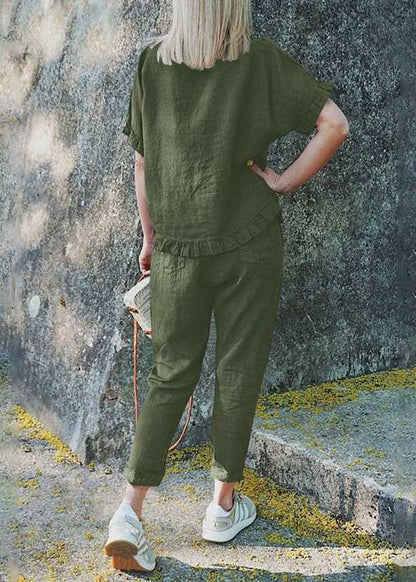 SampleCasual Khaki Ruffled Patchwork Top And Crop Pants Two Pieces Set Short Sleeve