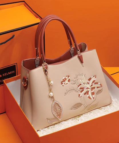 Tote Calf Apricot Embroidery Chic Bag Leather