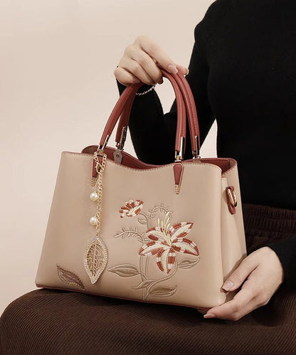 Tote Calf Apricot Embroidery Chic Bag Leather