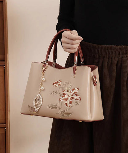 Tote Calf Apricot Embroidery Chic Bag Leather