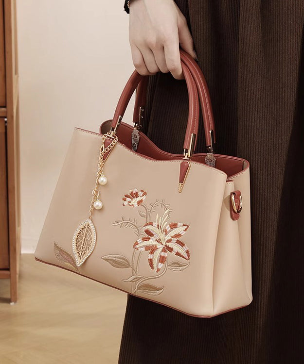 Tote Calf Apricot Embroidery Chic Bag Leather