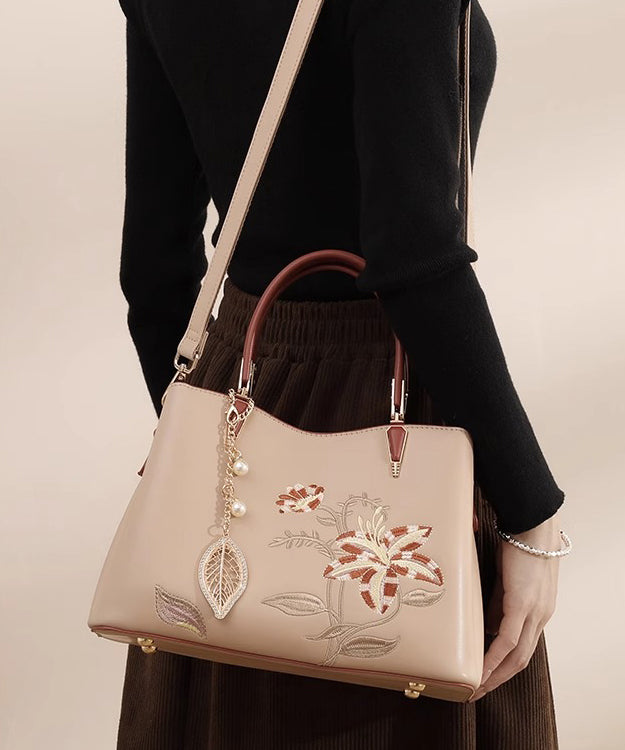 Tote Calf Apricot Embroidery Chic Bag Leather