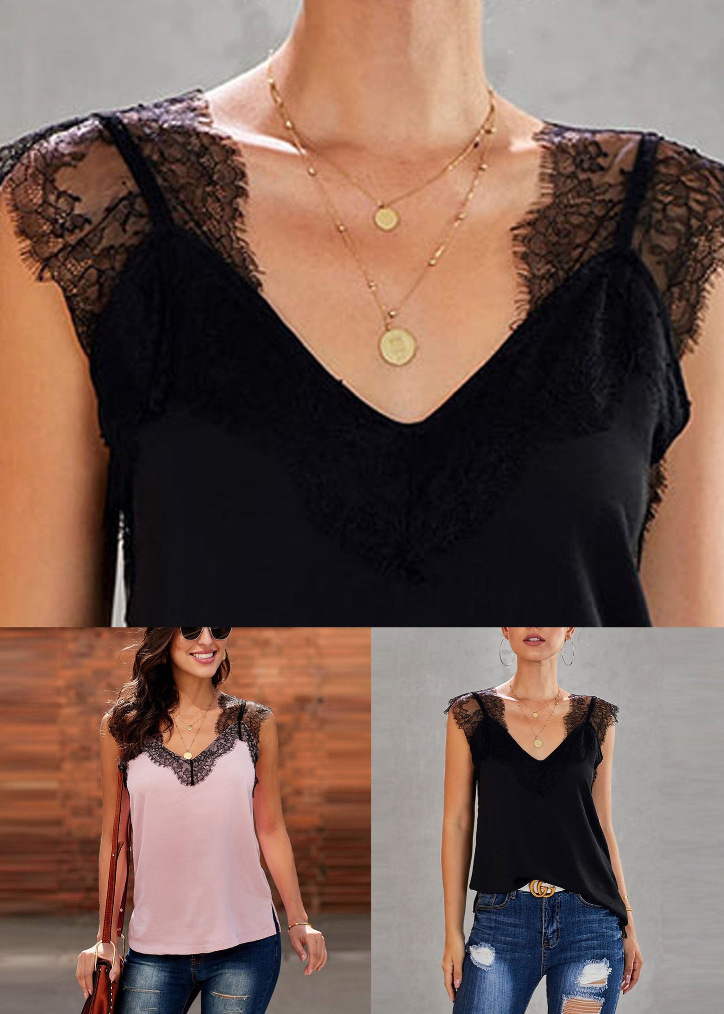 Vests Lace Black Summer Chic Patchwork