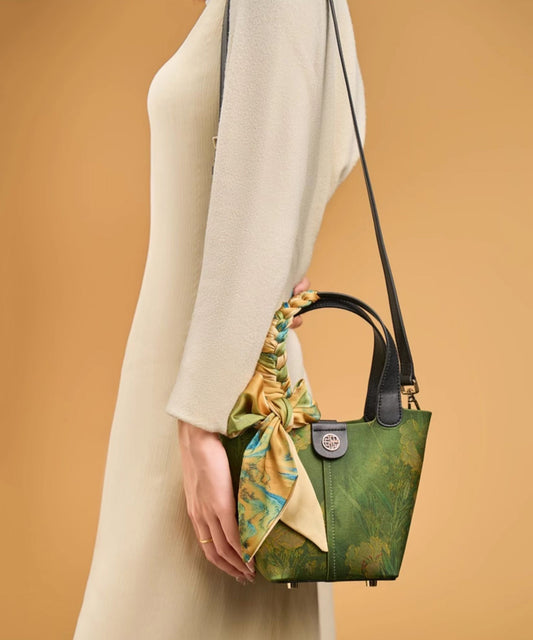 Versatile Print Silk Handbag Tote Style Green Chinese