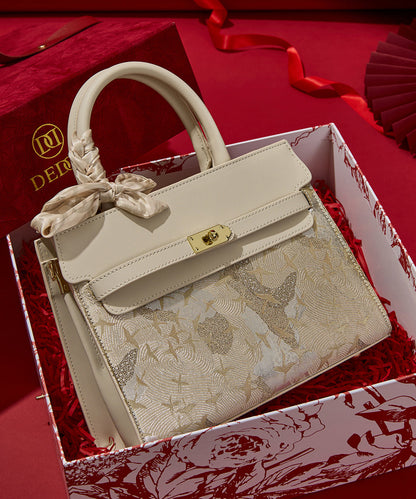 Classy Leather Bag Embroidered Micro Faux Beige