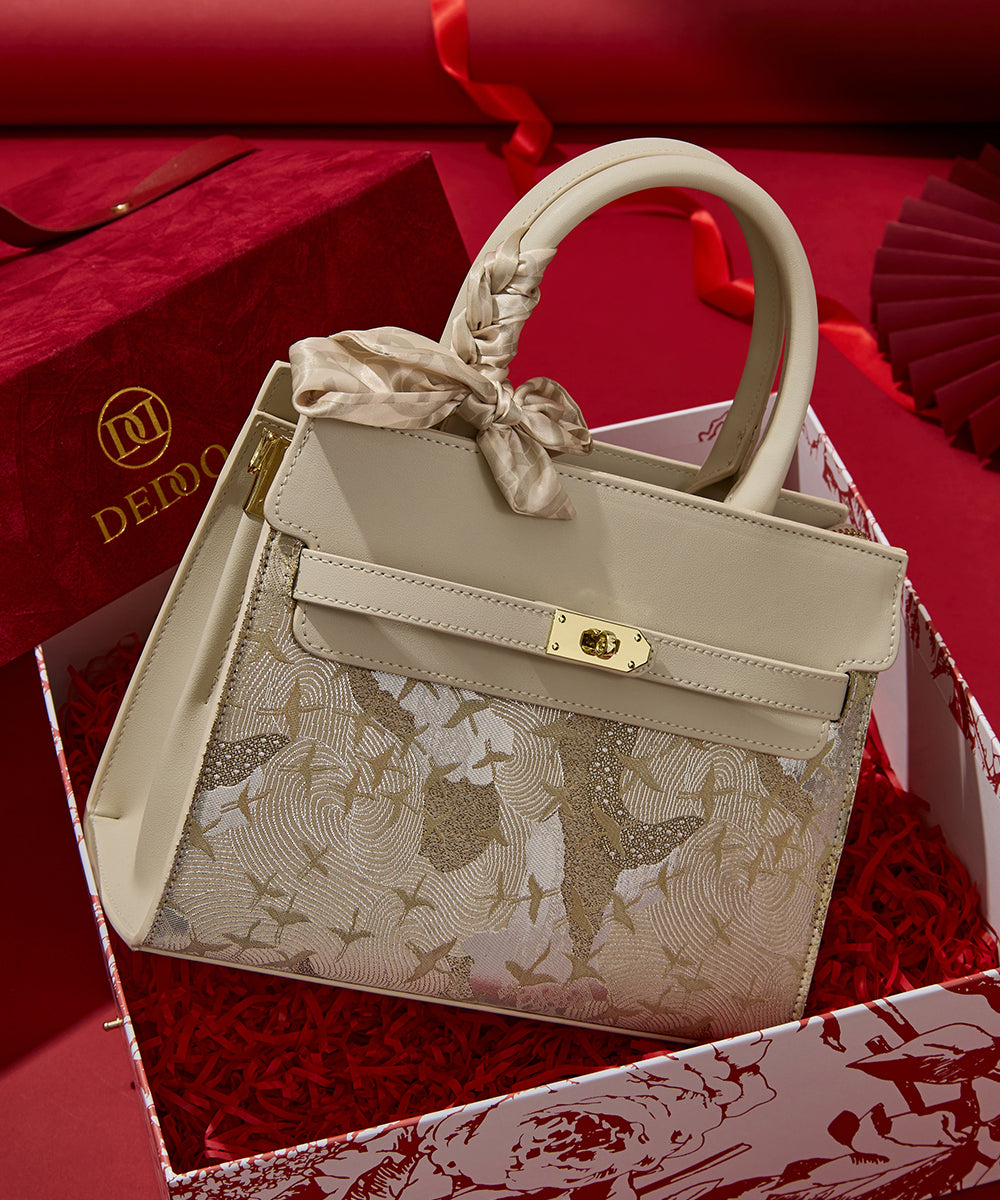 Classy Leather Bag Embroidered Micro Faux Beige