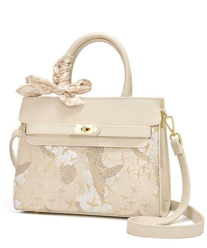 Classy Leather Bag Embroidered Micro Faux Beige