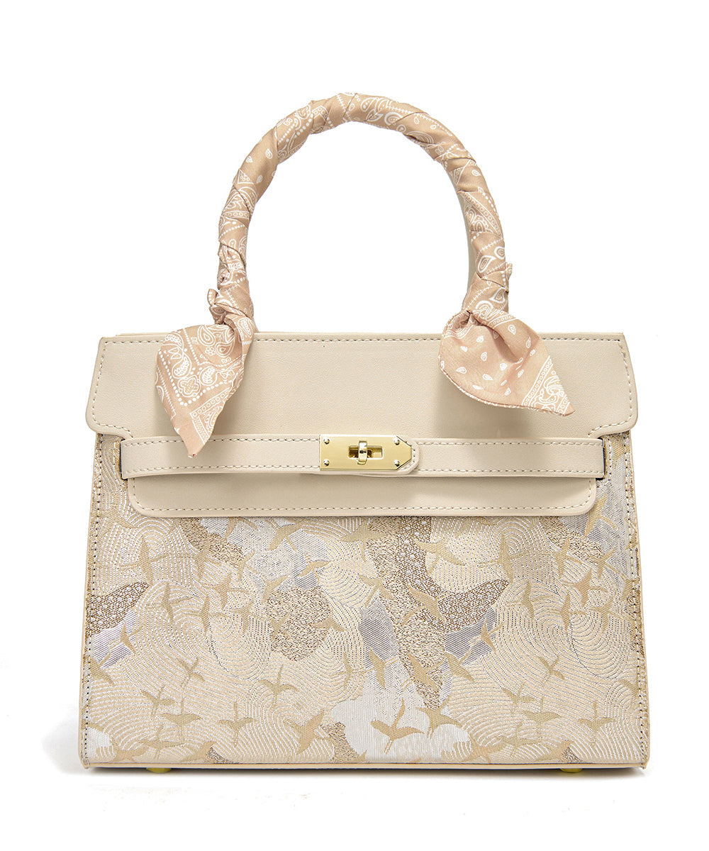 Classy Leather Bag Embroidered Micro Faux Beige
