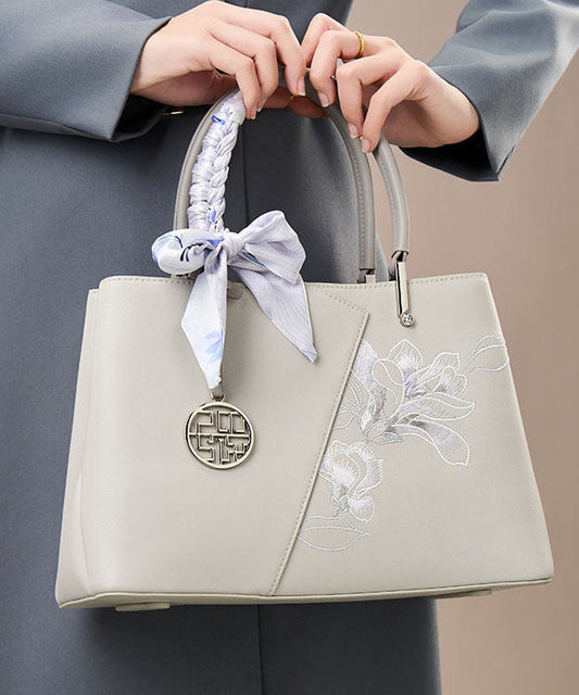 Calf Bag Classy Tote Embroidery Grey Leather