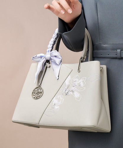 Calf Bag Classy Tote Embroidery Grey Leather