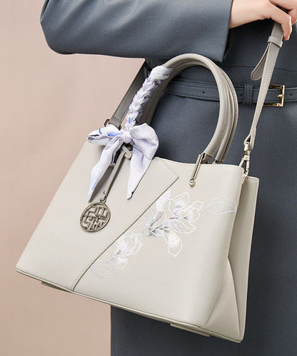 Calf Bag Classy Tote Embroidery Grey Leather