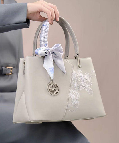 Calf Bag Classy Tote Embroidery Grey Leather