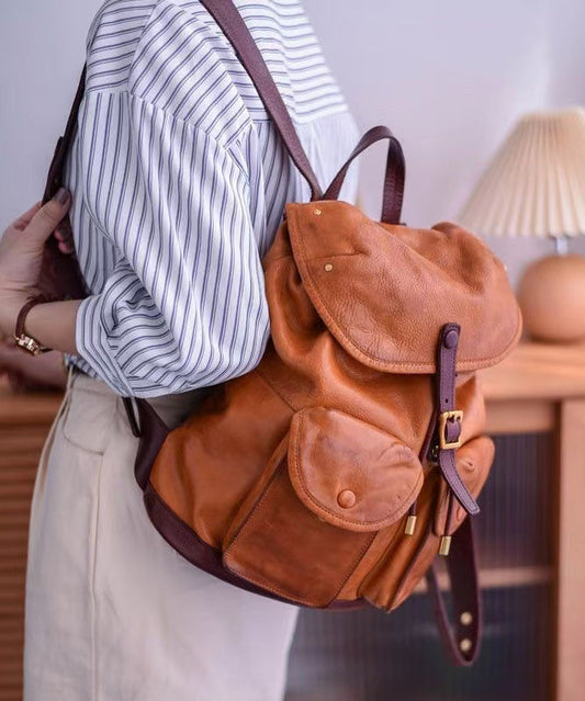 Large Backpack Capacity DIY Pockets Yellow Bag Leather