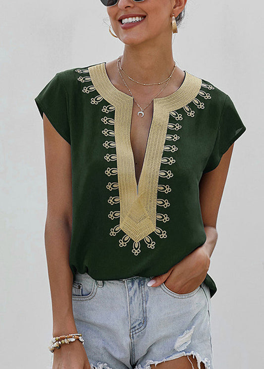 Summer Shirts Elegant Neck Patchwork V Green