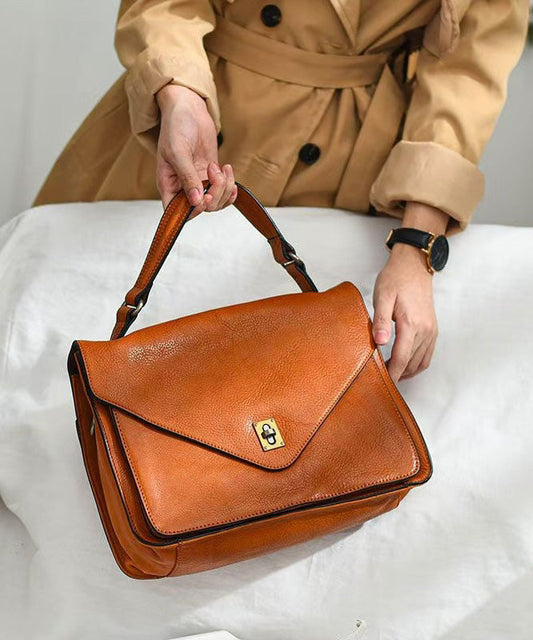 Durable Tote Elegant Leather Orange Solid Handbag