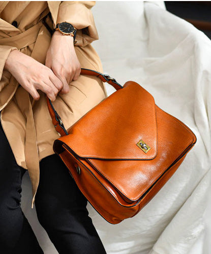 Durable Tote Elegant Leather Orange Solid Handbag