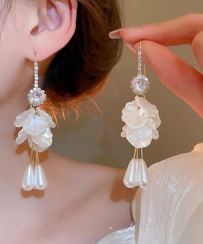 White Pearl Tassel Acrylic Elegant Shell Copper Drop Zircon Earrings