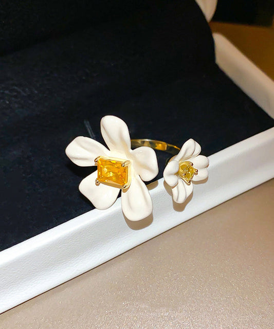Open Zircon Overgild White Copper Elegant Rings Acrylic Floral