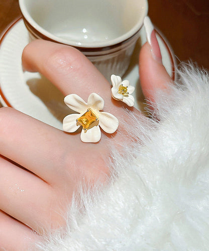 Open Zircon Overgild White Copper Elegant Rings Acrylic Floral