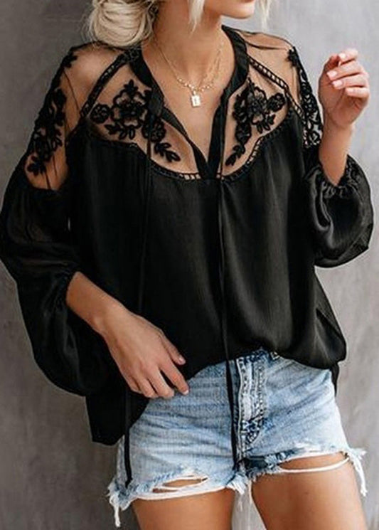 Lantern Tops V Fashion Neck Floral Chiffon Sleeve Black