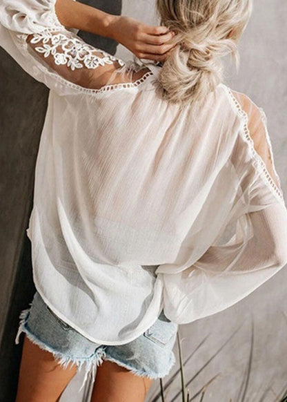Lantern Tops V Fashion Neck Floral Chiffon Sleeve Black