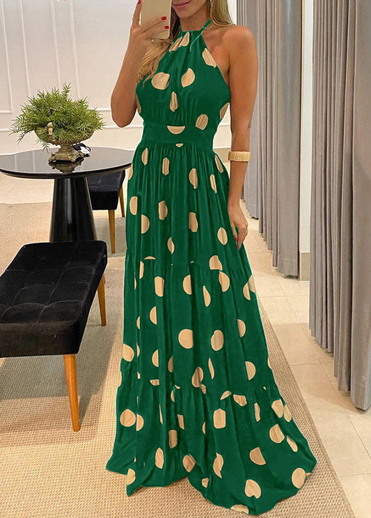 Maxi Backless Print Halter Dress Dot Fashion Green Sleeveless