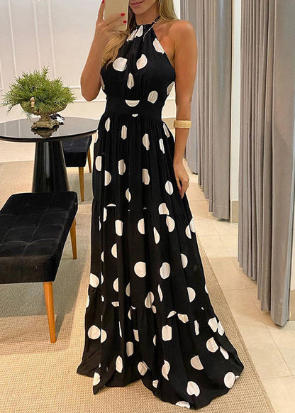 Maxi Backless Print Halter Dress Dot Fashion Green Sleeveless