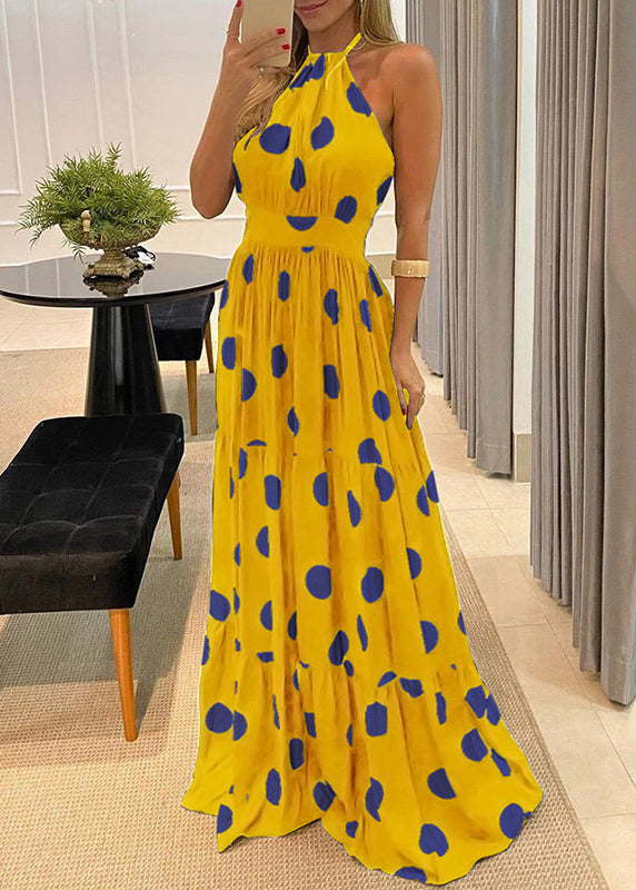 Maxi Backless Print Halter Dress Dot Fashion Green Sleeveless
