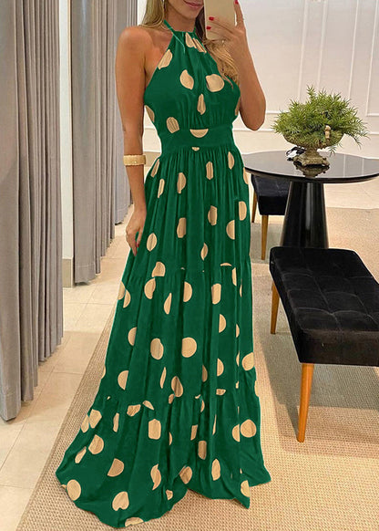 Maxi Backless Print Halter Dress Dot Fashion Green Sleeveless
