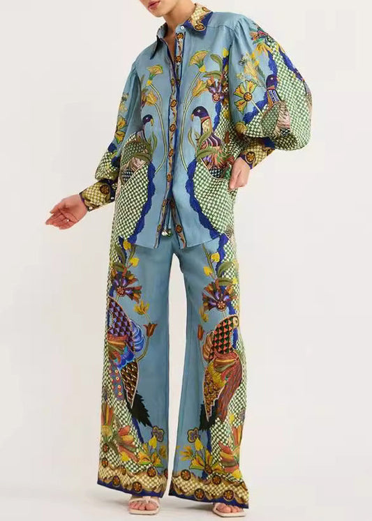 Pieces Fall Shirts Fashion Wide Peter Collar Pants Pan Leg Green Print Set And Two