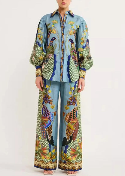 Pieces Fall Shirts Fashion Wide Peter Collar Pants Pan Leg Green Print Set And Two