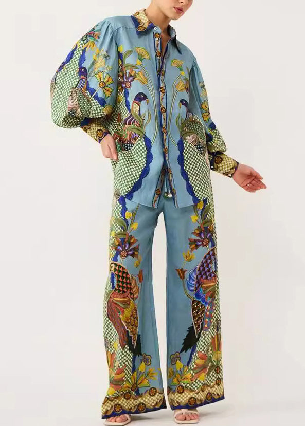 Pieces Fall Shirts Fashion Wide Peter Collar Pants Pan Leg Green Print Set And Two