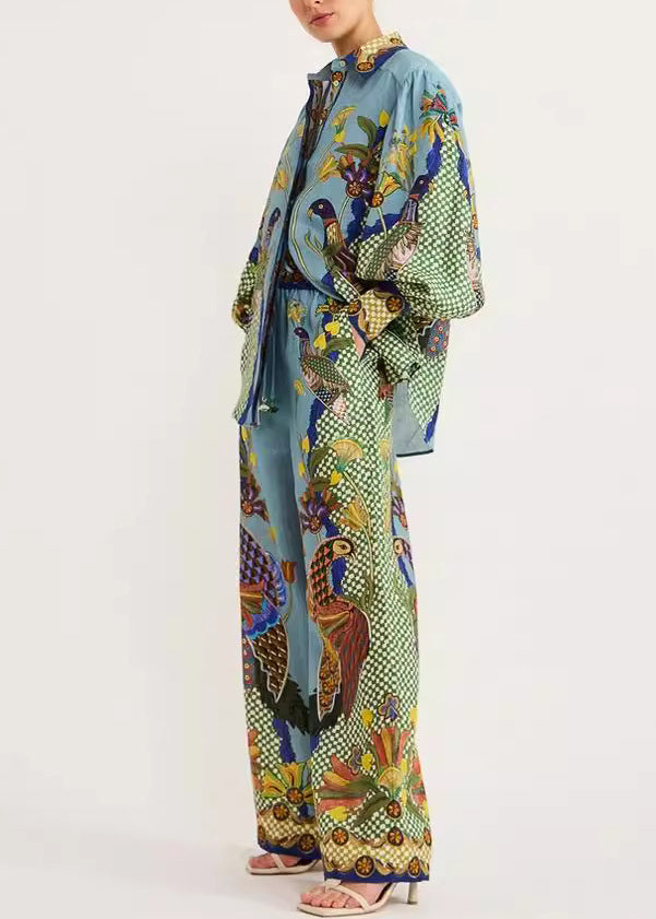 Pieces Fall Shirts Fashion Wide Peter Collar Pants Pan Leg Green Print Set And Two