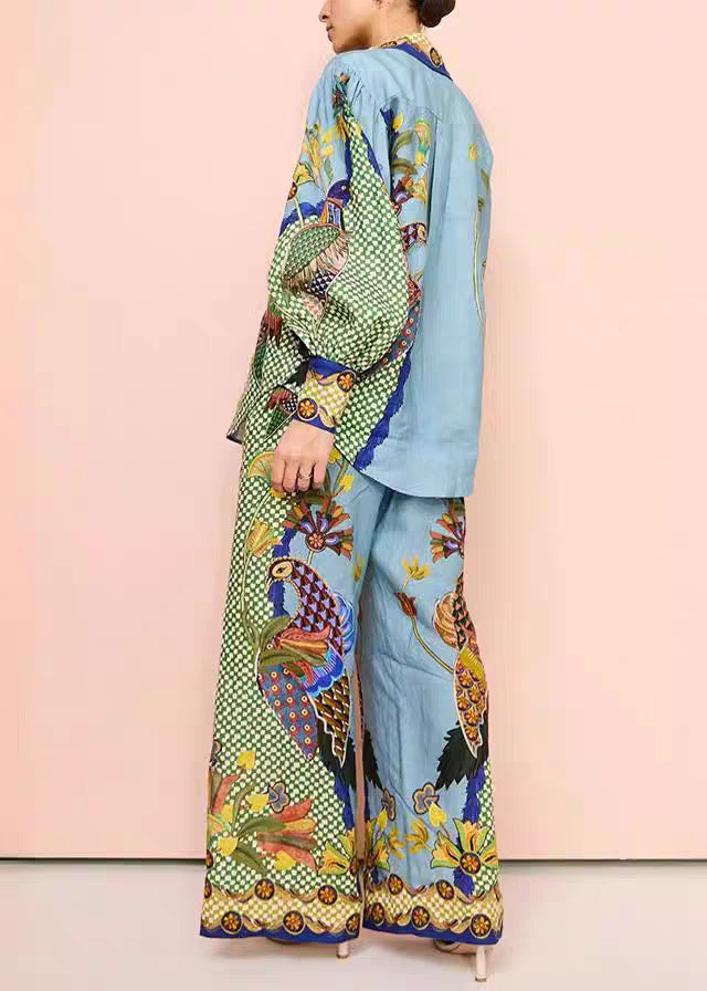 Pieces Fall Shirts Fashion Wide Peter Collar Pants Pan Leg Green Print Set And Two