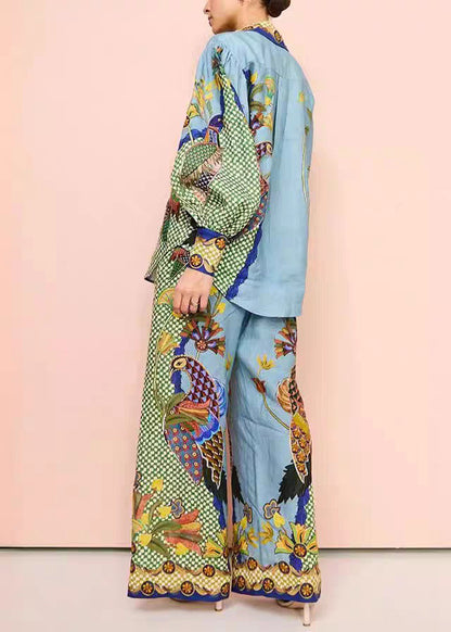 Pieces Fall Shirts Fashion Wide Peter Collar Pants Pan Leg Green Print Set And Two