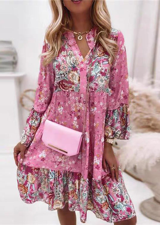 Wholesale SampleFashion Pink V Neck Print Wrinkled Mid Dresses Fall