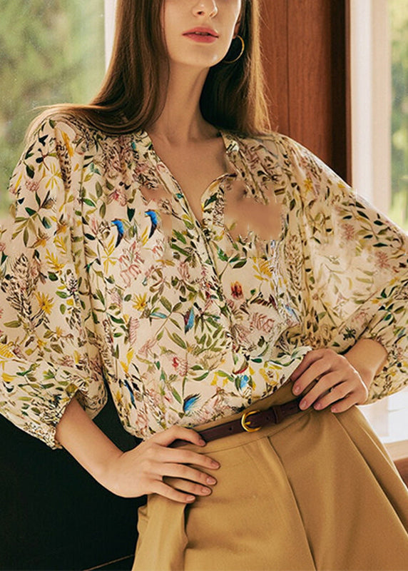 SampleFashion V Neck Print Shirts Lantern Sleeve