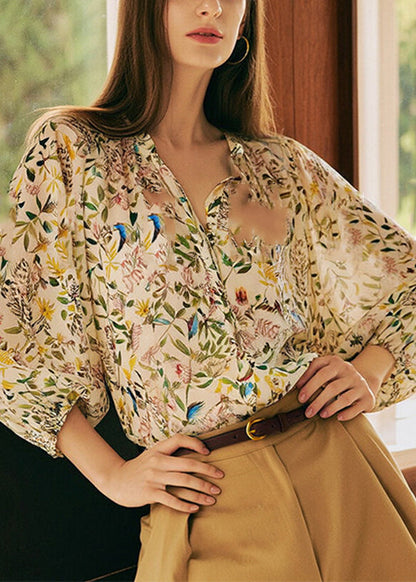 SampleFashion V Neck Print Shirts Lantern Sleeve